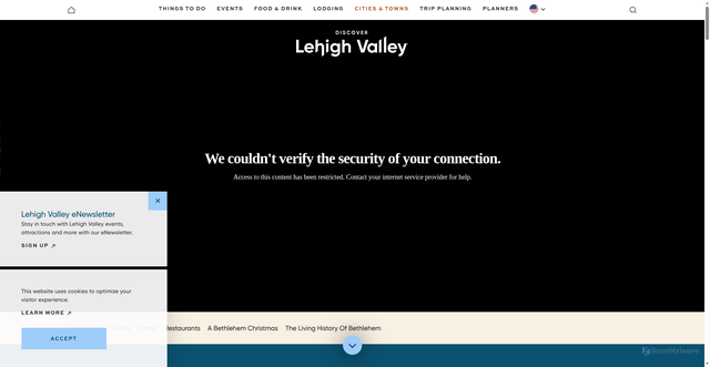 Security scan screenshot of https://www.discoverlehighvalley.com/cities-towns/bethlehem/