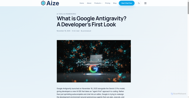 Security scan screenshot of https://aize.dev/515/what-is-google-antigravity-a-developers-first-look/