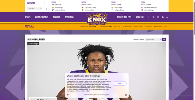Security scan screenshot of https://prairiefire.knox.edu/sports/football/roster/mario-byrd/7816