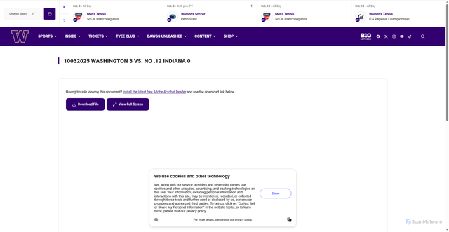Security scan screenshot of https://gohuskies.com/documents/2025/10/4/10032025_Washington_-_3_vs._No_.12_Indiana_-_0.PDF