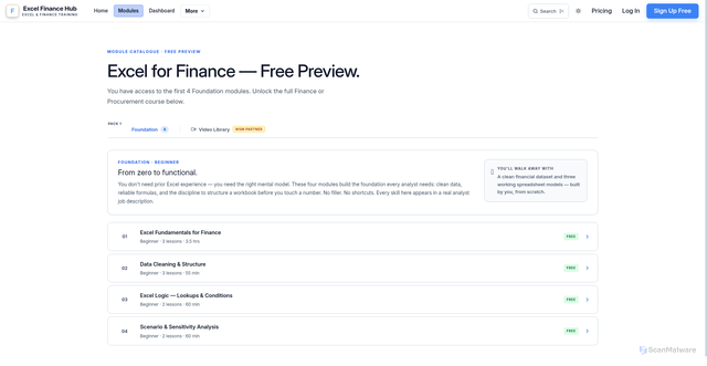 Security scan screenshot of https://excelfinancehub.com/courses
