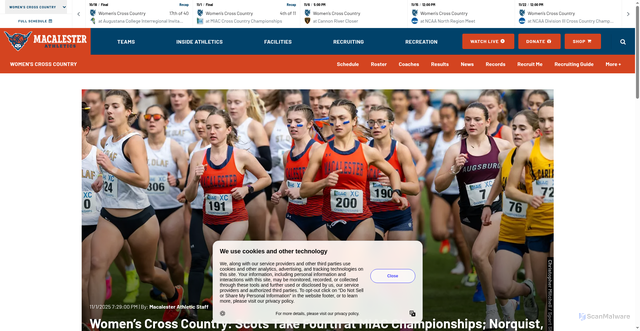 Security scan screenshot of https://athletics.macalester.edu/news/2025/11/1/womens-cross-country-womens-cross-country-scots-take-fourth-at-miac-championships-norquist-fox-all-miac.aspx