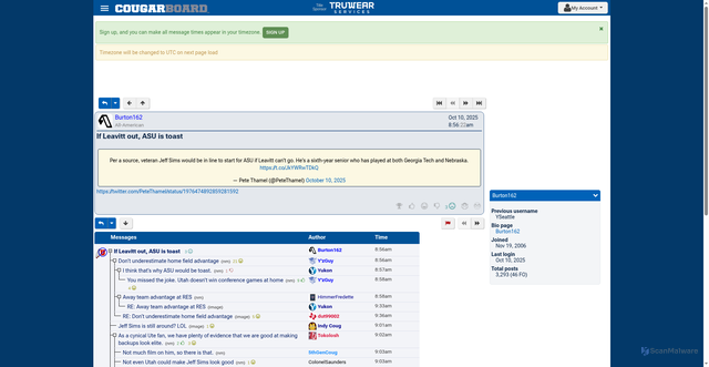 Security scan screenshot of https://www.cougarboard.com/board/message.html?id=36081993