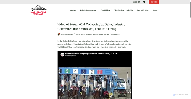 Security scan screenshot of https://horseracingwrongs.org/2026/07/26/video-of-2-year-old-collapsing-at-delta-industry-celebrates-irad-ortiz-yes-that-irad-ortiz/