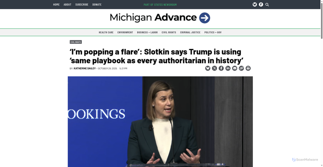 Security scan screenshot of https://michiganadvance.com/2025/10/29/im-popping-a-flare-slotkin-says-trump-is-using-same-playbook-as-every-authoritarian-in-history/