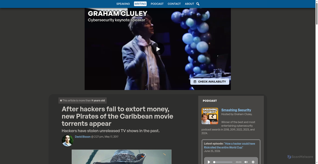 Security scan screenshot of https://grahamcluley.com/new-pirates-caribbean-movie-leaked-online-hackers-fail-extort-money/