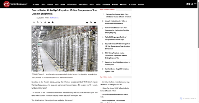 Security scan screenshot of https://www.tasnimnews.ir/en/news/2026/05/23/3598681/source-denies-al-arabiya-s-report-on-10-year-suspension-of-iran-uranium-enrichment