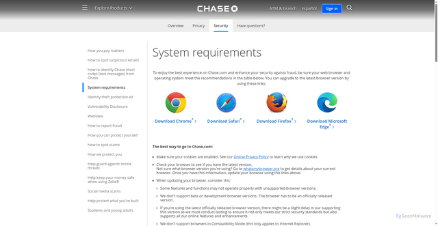 Security scan screenshot of https://secure.chase.com/web/auth/nav?navKey=requestDashboard