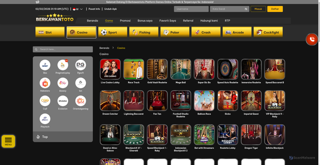 Security scan screenshot of https://berkawantotokuh.xyz/games/casino