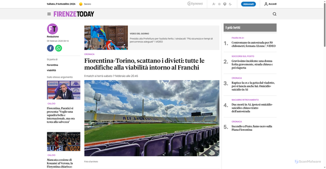 Security scan screenshot of https://www.firenzetoday.it/cronaca/fiorentina-torino-scattano-i-divieti-tutte-le-modifiche-alla-viabilita-intorno-al-franchi.html