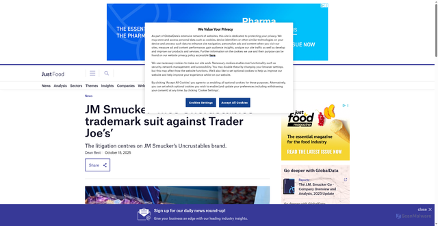 Security scan screenshot of https://www.just-food.com/news/jm-smucker-files-uncrustables-trademark-suit-against-trader-joes/