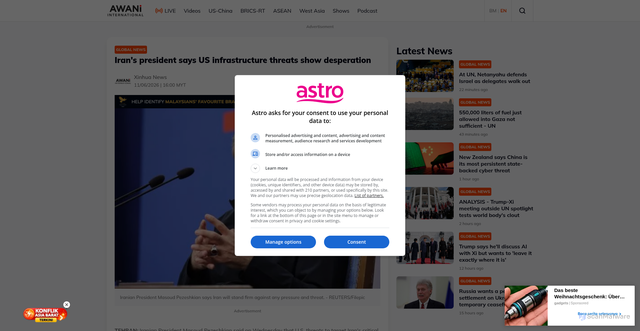 Security scan screenshot of https://international.astroawani.com/global-news/irans-president-says-us-infrastructure-threats-show-desperation