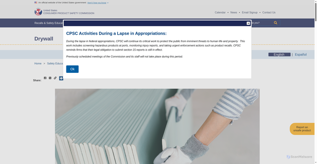 Security scan screenshot of https://www.cpsc.gov/Safety-Education/Safety-Education-Centers/Drywall-Information-Center