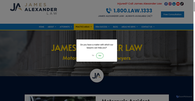 Security scan screenshot of https://www.jamesalexanderlaw.com/practice-areas/personal-injury/motorcycle-accidents/