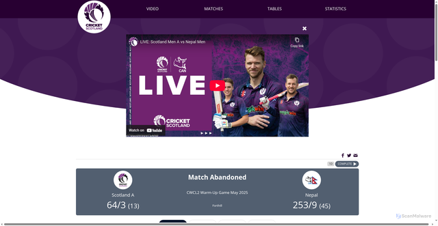 Security scan screenshot of https://cricketscotlandlive.com/match/135042-7352911/scorecard/