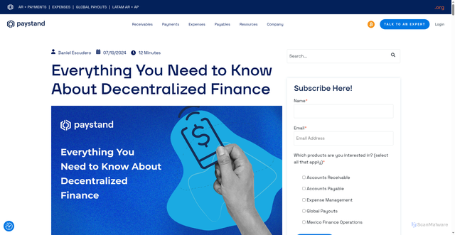 Security scan screenshot of https://www.paystand.com/blog/decentralized-finance