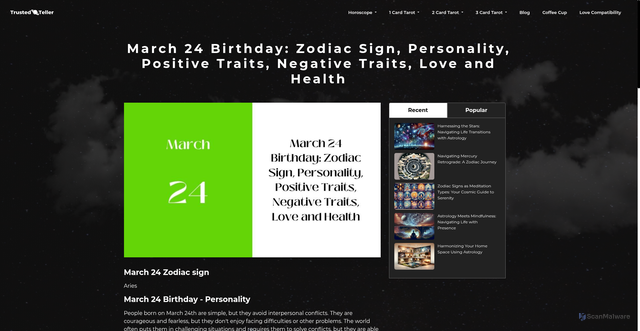Security scan screenshot of https://trustedteller.com/blog/march-24-birthday-zodiac-sign-personality-positive-traits-negative-traits-love-and-health