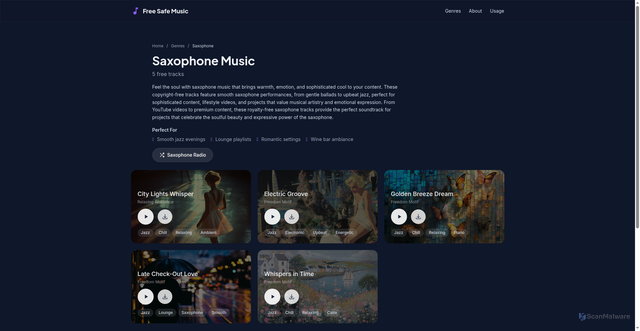 Security scan screenshot of https://freesafemusic.pages.dev/genres/saxophone/