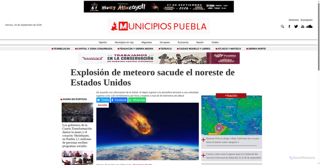 Security scan screenshot of https://municipiospuebla.mx/nota/nacion/explosion-de-meteoro-sacude-el-noreste-de-estados-unidos