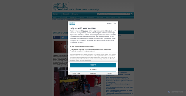 Security scan screenshot of https://www.myfanbase.de/serien/sullivans-crossing/charaktere/?pid=34797