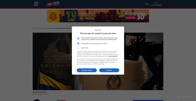 Security scan screenshot of http://zonacero.com/generales/asi-van-los-resultados-de-las-elecciones-presidenciales