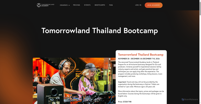Security scan screenshot of https://www.academy.tomorrowland.com/bootcamps-2026/tomorrowland-thailand-bootcamp