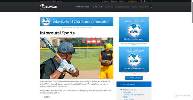 Security scan screenshot of https://hawaii.armymwr.com/programs/intramural-sports