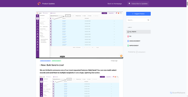 Security scan screenshot of https://releasenotes.medsender.com