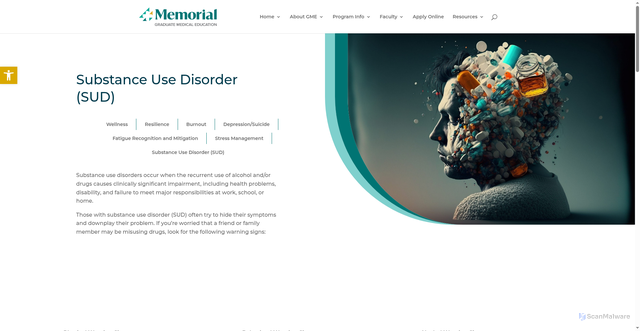Security scan screenshot of https://gme.wearememorial.com/wellness/substance-use-disorder-sud/