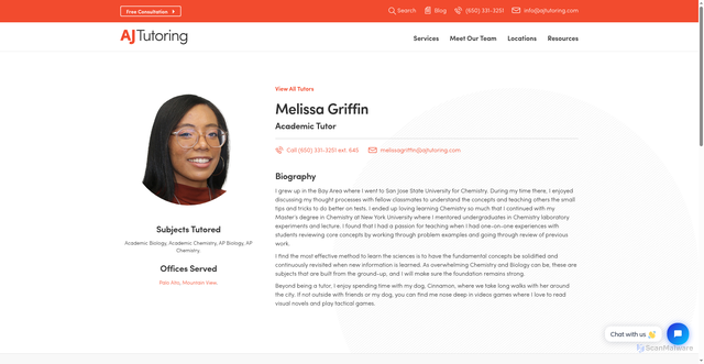 Security scan screenshot of https://www.ajtutoring.com/meet-our-team/melissa-griffin/