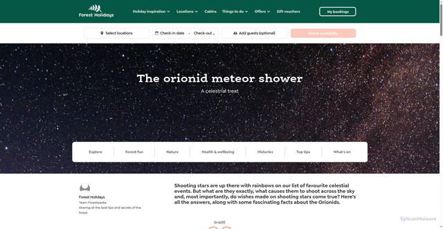 Security scan screenshot of https://www.forestholidays.co.uk/forestipedia/the-orionid-meteor-shower-a-celestial-treat/