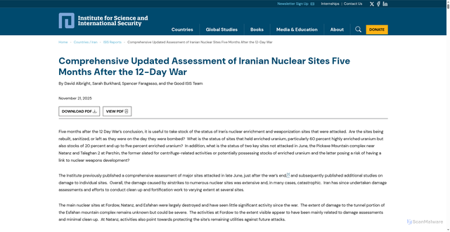 Security scan screenshot of https://isis-online.org/isis-reports/comprehensive-updated-assessment-of-iranian-nuclear-sites-five-months-after-the-12-day-war