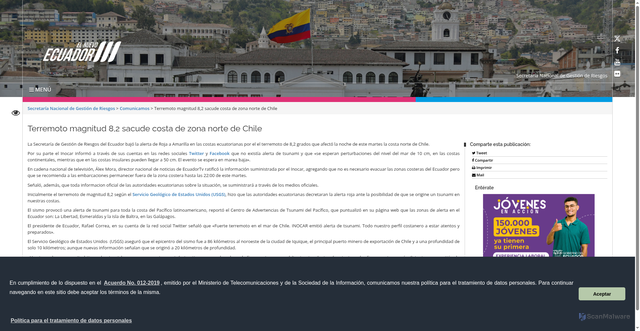 Security scan screenshot of https://www.gestionderiesgos.gob.ec/terremoto-magnitud-82-sacude-costa-de-zona-norte-de-chile/