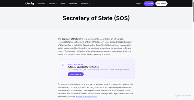 Security scan screenshot of https://idenfy.com/glossary/secretary-of-state-sos/