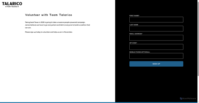 Security scan screenshot of https://act.jamestalarico.com/signup/vol_2026?source=web_header