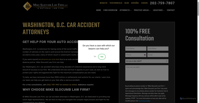Security scan screenshot of https://www.slocumblaw.com/washington-d-c/car-accidents/