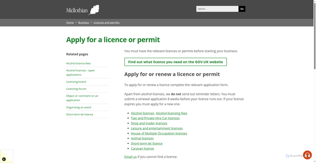 Security scan screenshot of https://www.midlothian.gov.uk/licensing