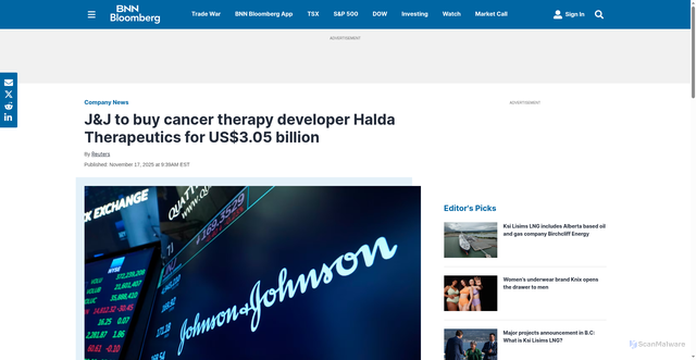 Security scan screenshot of https://www.bnnbloomberg.ca/business/company-news/2025/11/17/jj-to-buy-cancer-therapy-developer-halda-therapeutics-for-us305-billion/