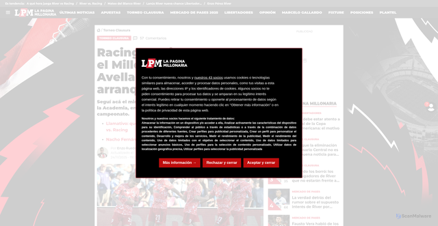 Security scan screenshot of https://lapaginamillonaria.com/torneo-clausura/racing-vs-river-minuto-a-minuto-resumen-mejores-jugadas-por-el-torneo-clausura-2025