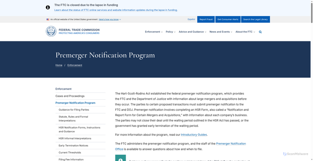 Security scan screenshot of https://www.ftc.gov/enforcement/premerger-notification-program