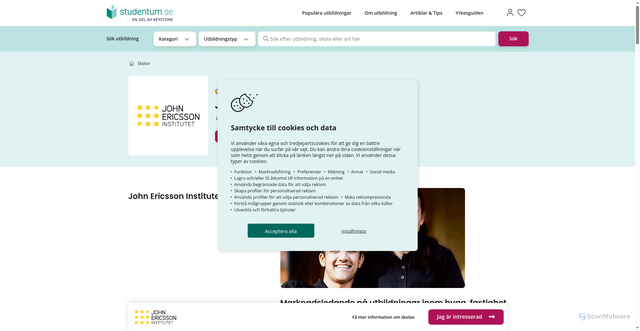 Security scan screenshot of https://www.studentum.se/skola/john-ericsson-institutet/?utm_campaign=nyhetsbrev-mars-2026&utm_medium=email&utm_source=user.com