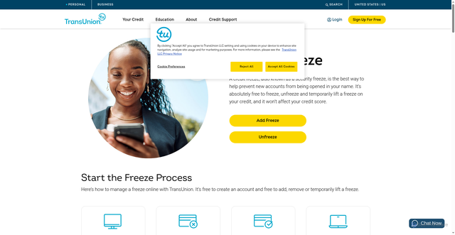 Security scan screenshot of https://www.transunion.com/credit-freeze