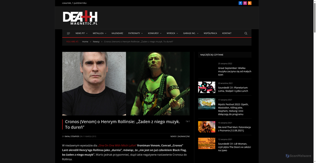 Security scan screenshot of https://deathmagnetic.pl/newsy/cronos-venom-o-henrym-rollinsie-zaden-z-niego-muzyk-to-duren/