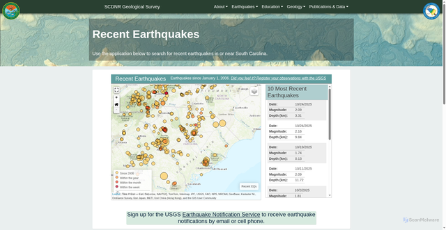 Security scan screenshot of https://www.dnr.sc.gov/geology/recent-earthquakes.html