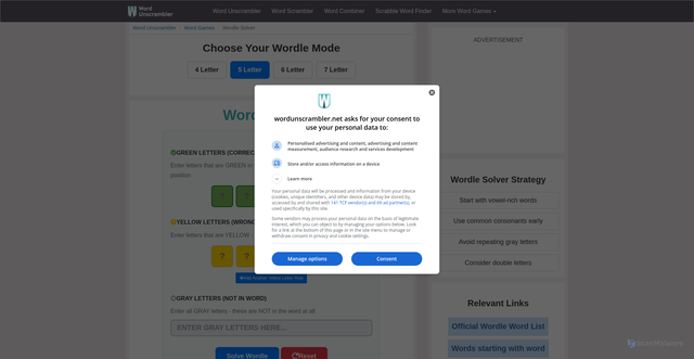 Security scan screenshot of https://www.wordunscrambler.net/wordle-solver/