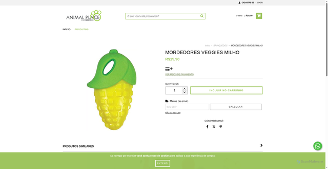 Security scan screenshot of https://lojaonlineanimalplace.com.br/produtos/mordedores-veggies-milho/