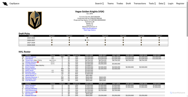 Security scan screenshot of https://cap-space.com/team/vgk