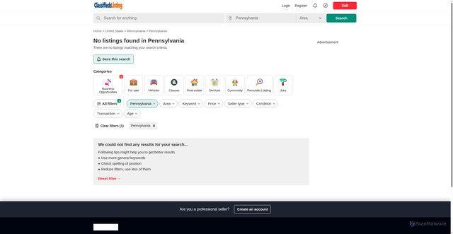 Security scan screenshot of https://classifiedslisting.com/index.php?page=search&sCity=19888