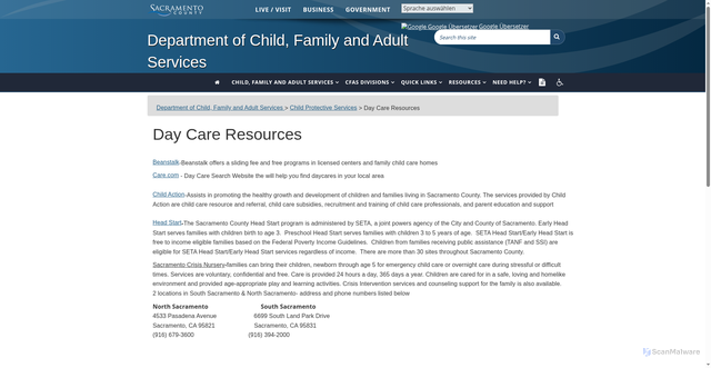 Security scan screenshot of https://dcfas.saccounty.net/CPS/Pages/Independent-Living-Program/SD-Day-Care-Resources.aspx