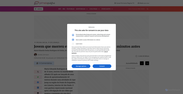 Security scan screenshot of https://primeirapagina.com.br/seguranca/jovem-que-morreu-em-rope-jump-publicou-passeio-minutos-antes/
